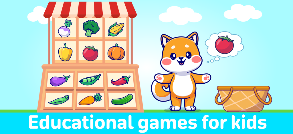 Kids games for toddlers 3 5 - A cute dog character at a vegetable stand in an educational game for toddlers