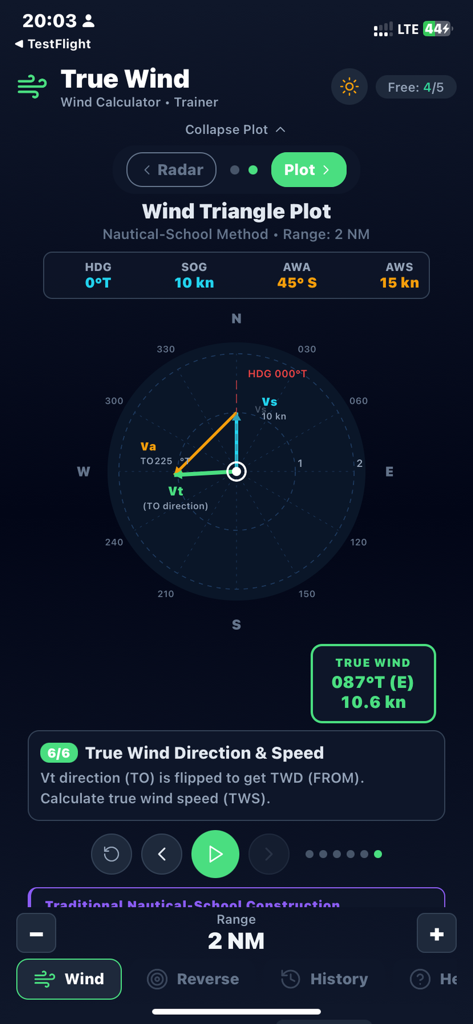 True Wind Pro - True Wind Pro app interface showing a nautical wind triangle plot with vector calculation for true wind direction and speed