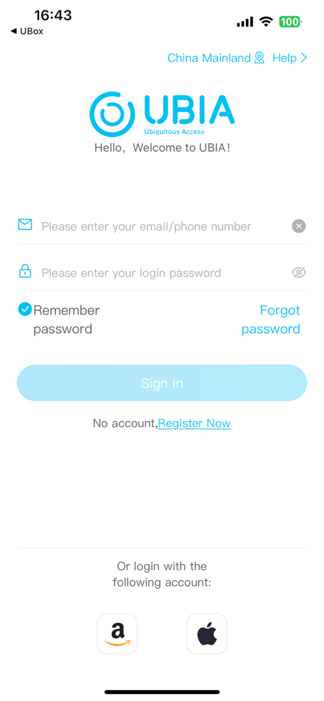 Interface de connexion de l'application mobile UBoxPro avec le logo UBIA et des options de connexion par e-mail et comptes sociaux.