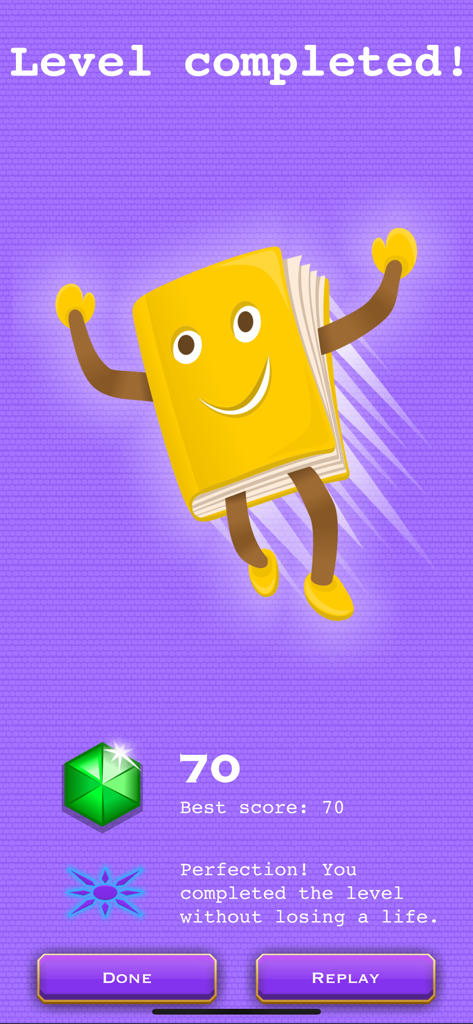 Level completed screen in Book-Man game featuring a happy book character and a high score.