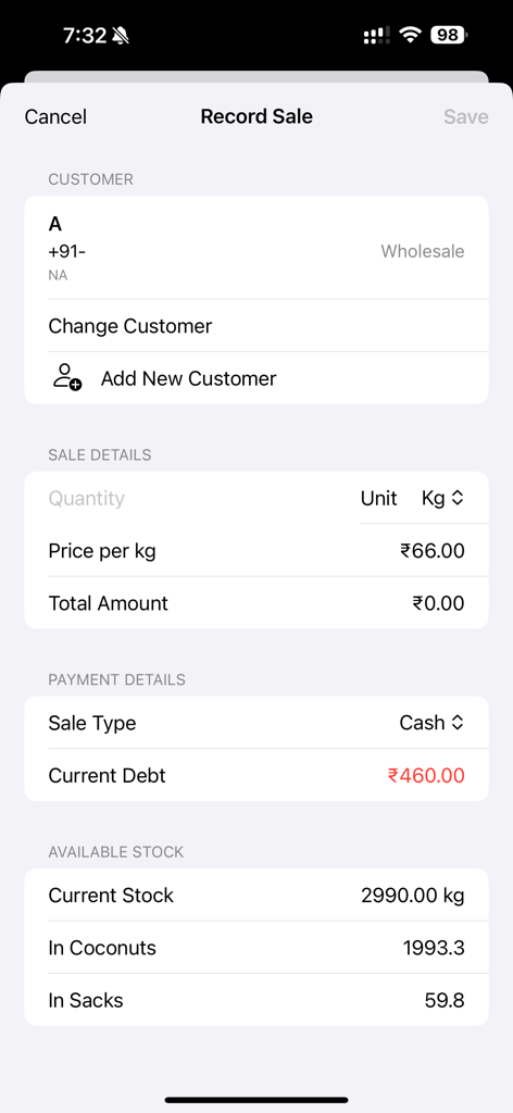 coconutLedgerAssistant - Interfaz para registrar una venta que muestra los detalles del cliente y el stock de inventario de coco