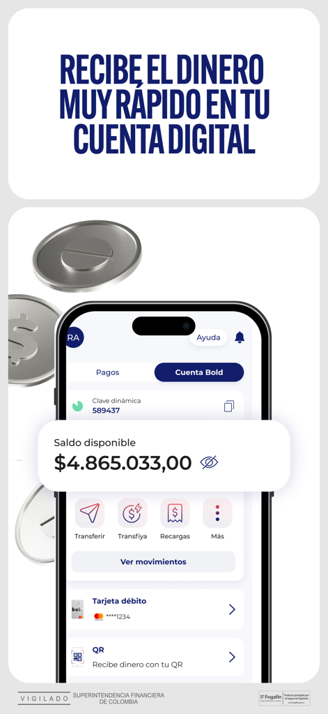 Bold - Bold app screen showing available balance in a digital account and debit card management options