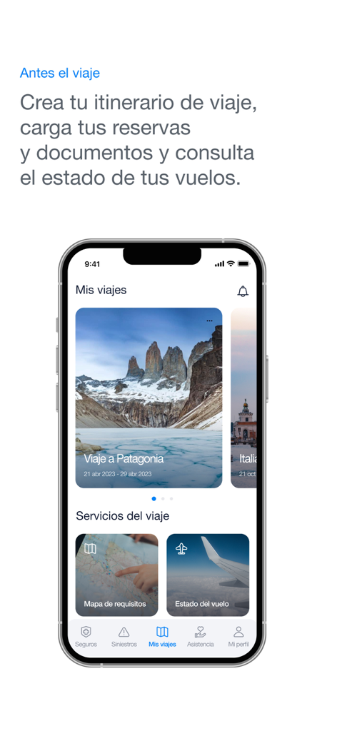 Intermundial - Intermundial app interface displaying travel itinerary management and flight status tracking.