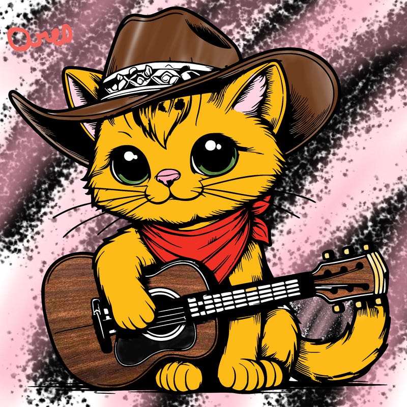realistic cat wearing cowboy hat and playing guitar