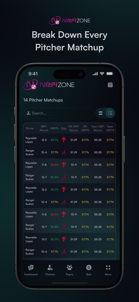NRFI Zone - NRFI Zone app screen showing detailed MLB pitcher matchups and first inning betting statistics