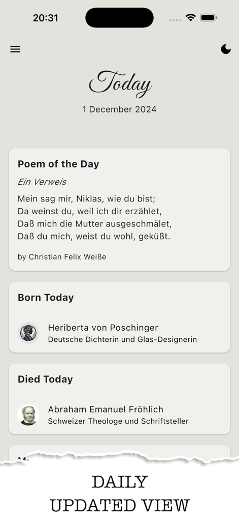 German poetry - Daily updated view of the German Poetry app featuring a poem of the day