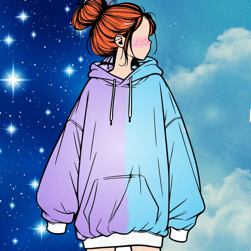 realistic girl with a oversized sweatshirt on and a bun