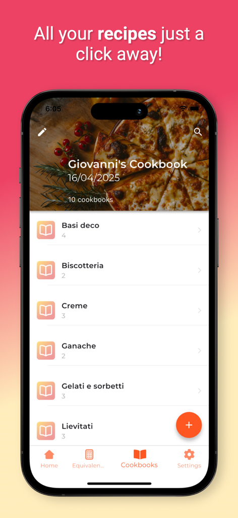 Una interfaz móvil de Pocket Chef que muestra libros de cocina de recetas organizados con categorías como ganache, gelato y pasteles.