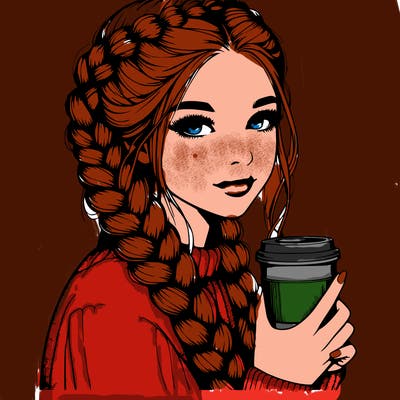 realistic girl with dutch braids and coffee