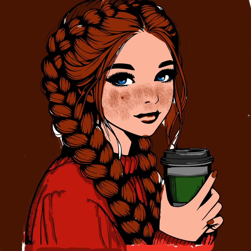realistic girl with dutch braids and coffee
