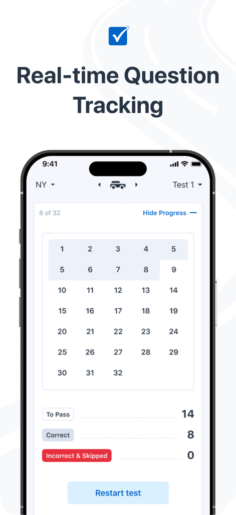 DMV WRITTEN TEST - Real-time question tracking screen in the DMV Written Test app showing test progress and passing score requirements.