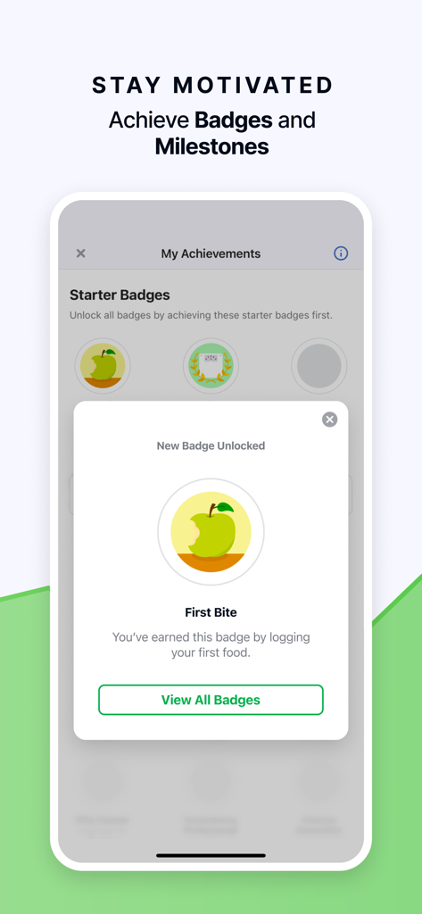 Screen showing the First Bite achievement badge unlocked in the fatsecret calorie counter app