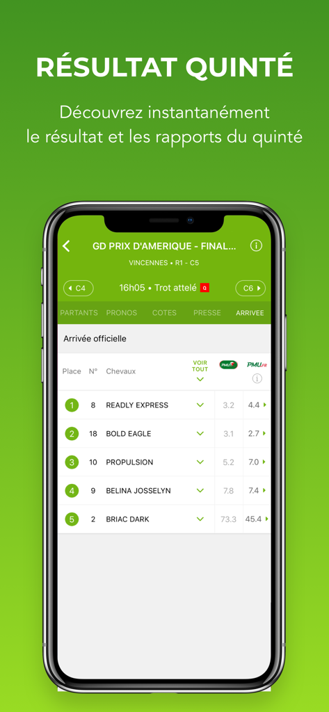 Turfoo Résultats Turf et Prono - Official horse racing results and PMU odds for the Quinte race on the Turfoo mobile app