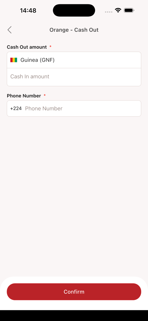 BnB POS - Interfaz de la aplicación móvil BnB POS para procesar un retiro de efectivo de Orange para un cliente en Guinea.
