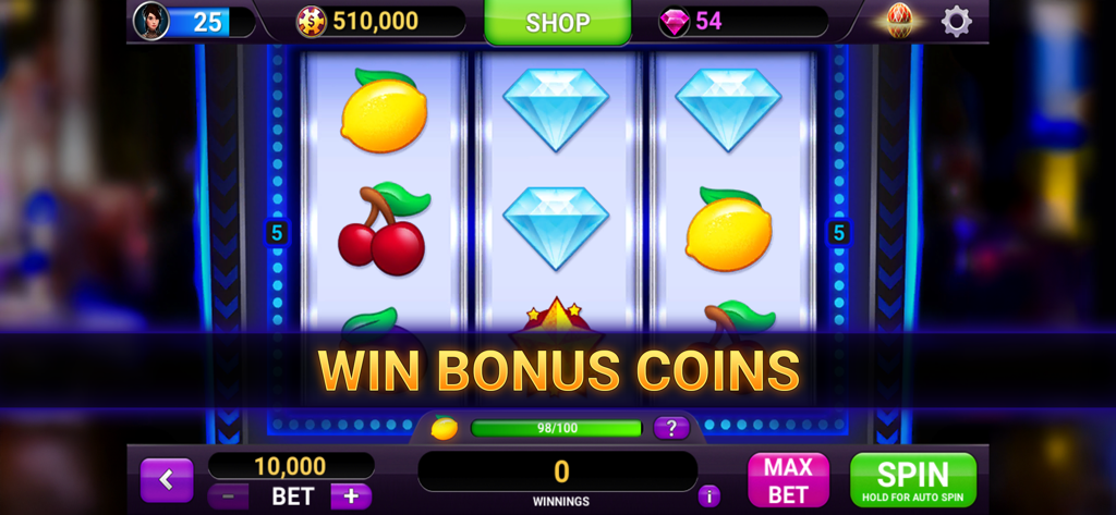 Blackjack 21: online casino - Slot machine interface in the Blackjack 21 mobile app featuring diamonds and fruit symbols with a Win Bonus Coins banner.