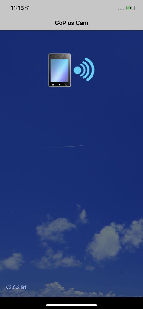 GoPlus Cam - GoPlus Cam app splash screen showing a smartphone and wifi signal icon over a blue sky background