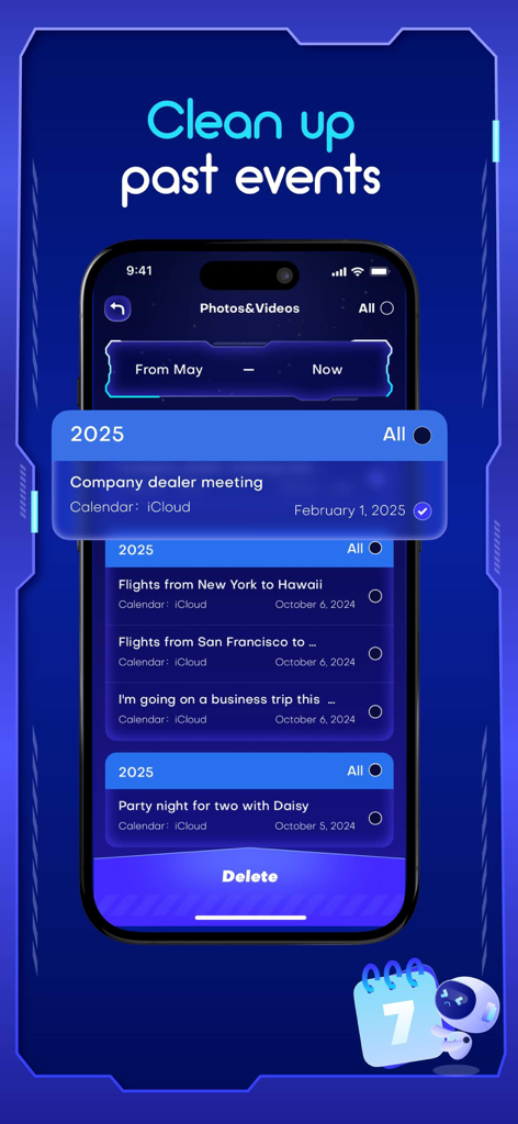 Interfaccia dell'app Phone Master che mostra come pulire gli eventi passati del calendario da iCloud