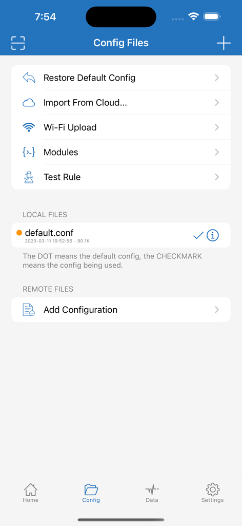 Shadowrocket-App-Bildschirm zur Verwaltung von Konfigurationsdateien und zum Importieren von Regeln.