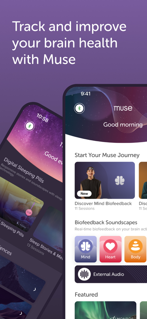 Muse: Brain Health & Sleep - Muse app dashboard displaying brain health biofeedback and sleep tracking features