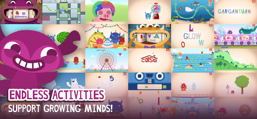 A collage of educational activities and mini-games from the Endless Learning Academy app featuring colorful monsters and learning concepts.
