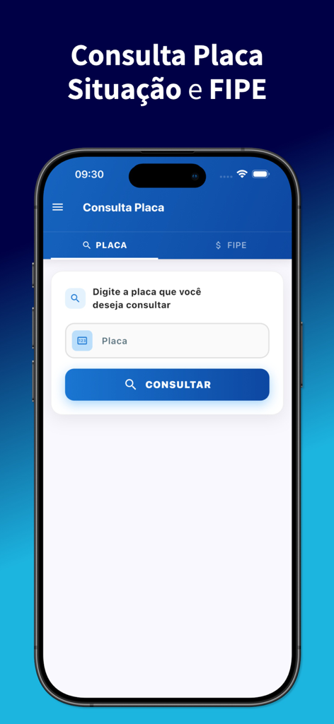 Consulta Placa Veículo e Fipe - Smartphone-Bildschirm, der die Kennzeichenabfrage-Oberfläche der Consulta Placa App anzeigt