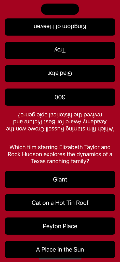 Movie Quiz Trio - Captura de pantalla de Movie Quiz Trio en modo dual mostrando dos conjuntos de preguntas de trivia para un desafío cara a cara en una pantalla.
