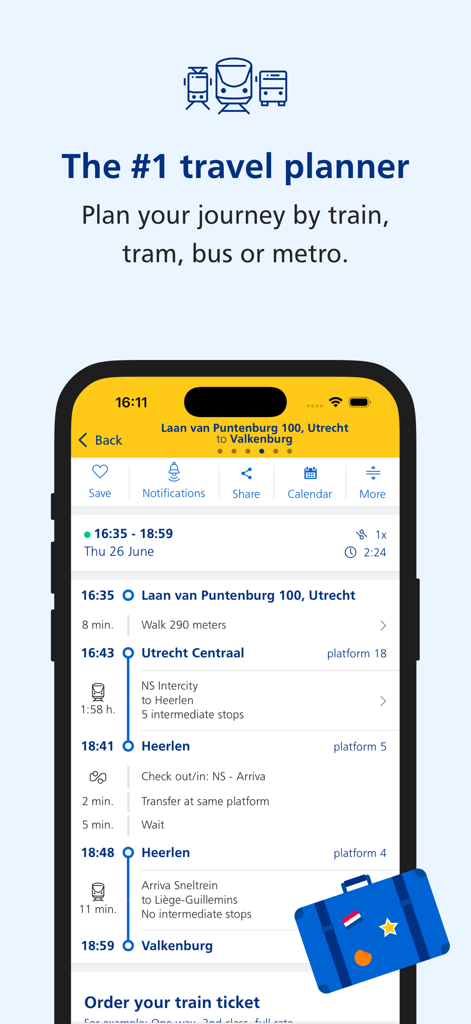 Interface do aplicativo NS Travel Planner mostrando uma viagem de trem detalhada de Utrecht a Valkenburg com horários de partida e plataformas