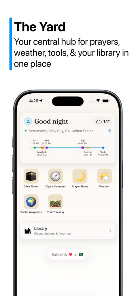 Rahhal 앱 중앙 허브에 기도 시간, 날씨 및 내비게이션 도구가 표시됩니다.