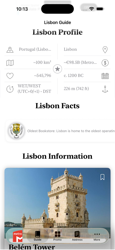 都市プロフィールの事実とベレンの塔の写真を含むリスボンの旅行ガイド画面。