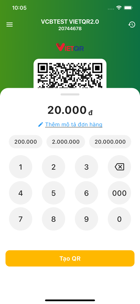 VCB Merchantアプリのインターフェースで、VietQR決済コードを生成する画面