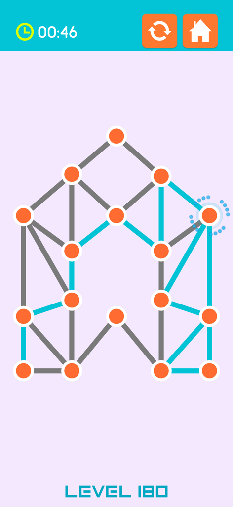 Connect the Graph - Gameplay screenshot of Connect the Graph app showing level 180 with a complex dot and line logic puzzle