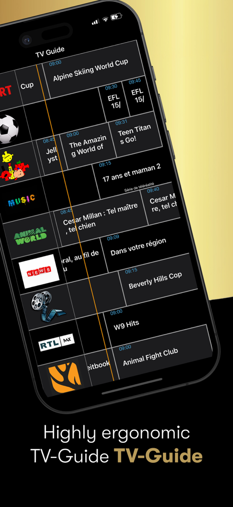 IPTV Streamer Max - IPTV Streamer Max app interface showing a highly ergonomic TV guide with various channel schedules and program titles.