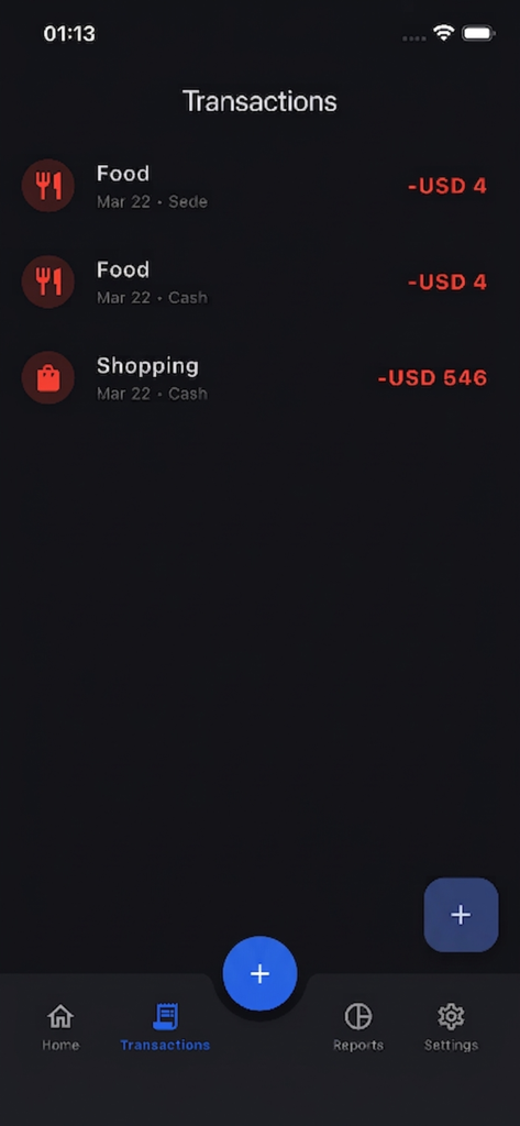 Budget : spending tracker - Transaktionsverlauf in dunklem Modus, der Lebensmittel- und Einkaufsausgaben anzeigt