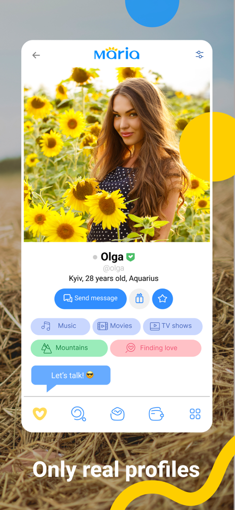 Benutzerprofilbildschirm der Maria Dating App zeigt Olga aus Kiew mit Interessen und einem Nachrichtenknopf