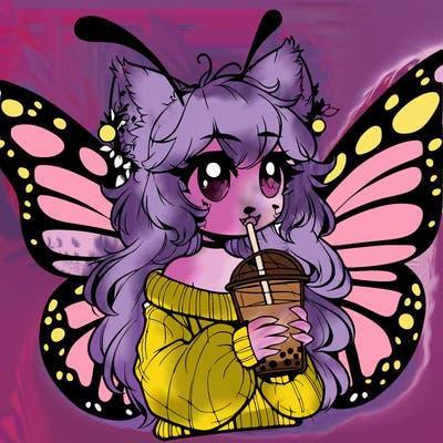 a realistic butterfly/furry girl drinking boba