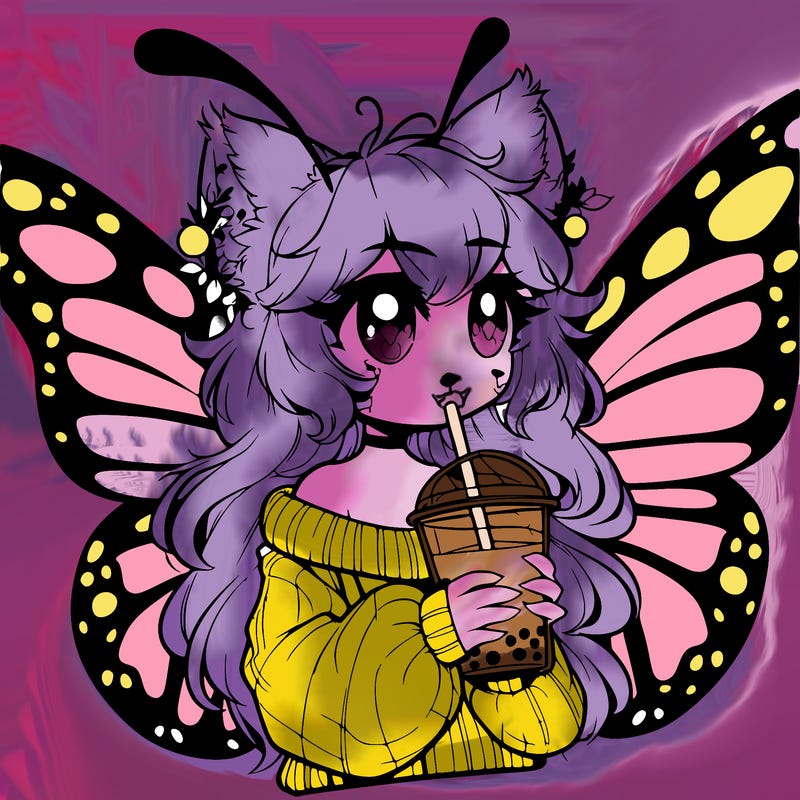 a realistic butterfly/furry girl drinking boba