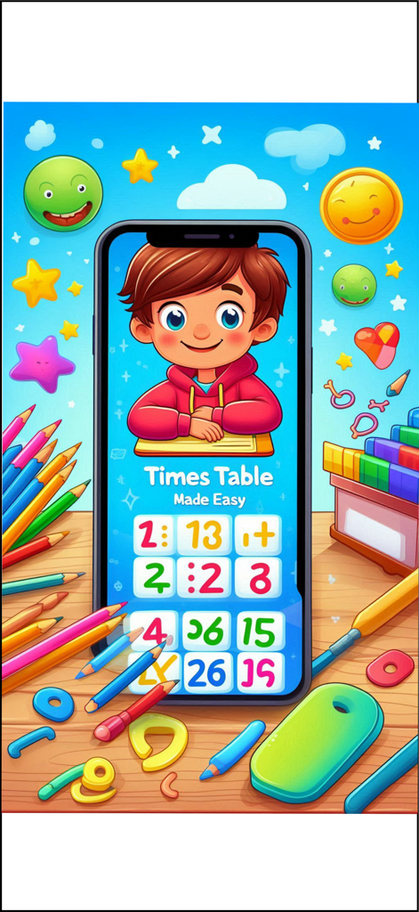 Multiplication Tables app screen with a cartoon boy and colorful math elements