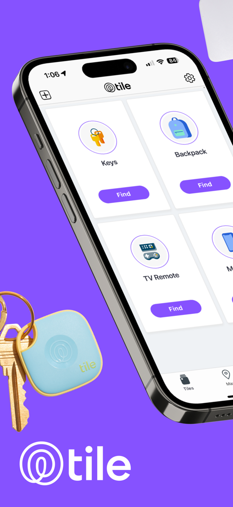 iPhone displaying the Tile app interface next to a Tile tracker on a keychain