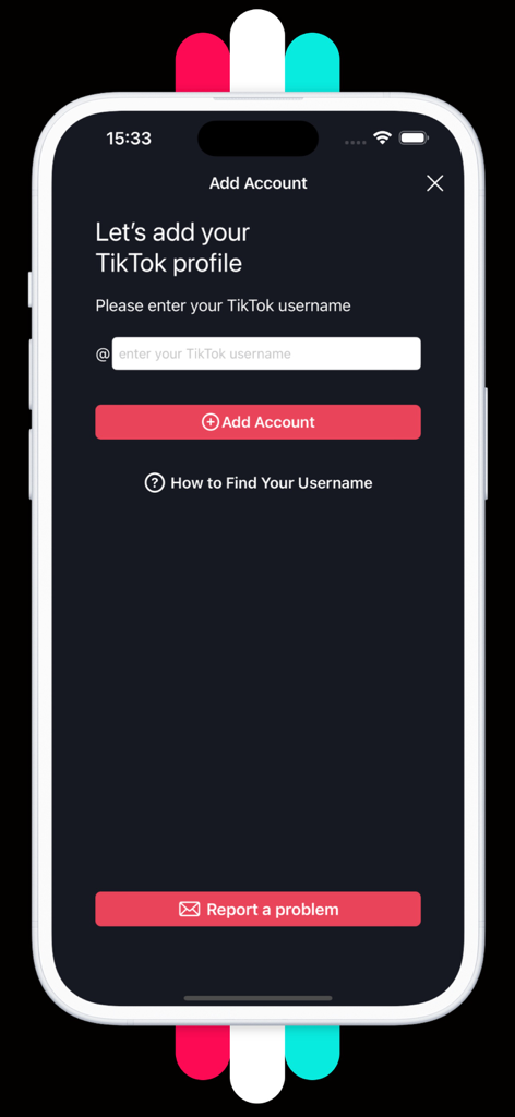 Interface for adding a TikTok username to the Unfollowers stats tracker app