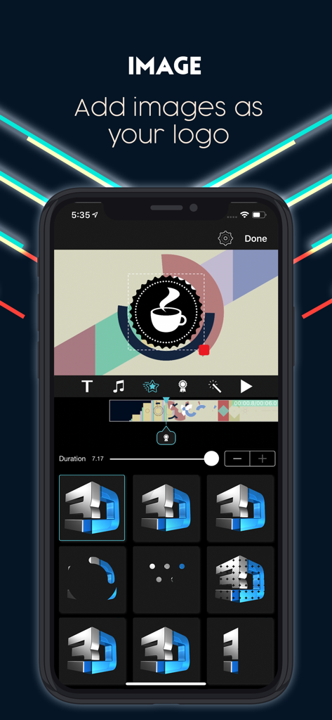 IntroTube: Intro Video Maker - Interfaccia dell'app mobile che mostra come aggiungere un logo personalizzato a un'intro video con opzioni di animazione 3D