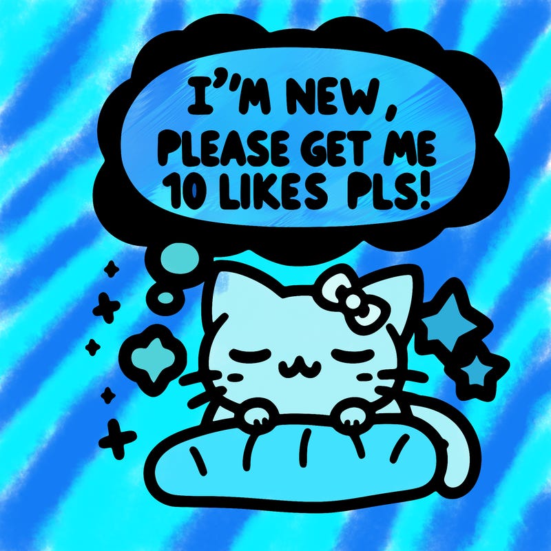 kitty taking a nap dream talking and saying "i'm new, please get me at least 10 likes pls!!"