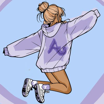 realistic girl jumping with a bun and oversized sweatshirt