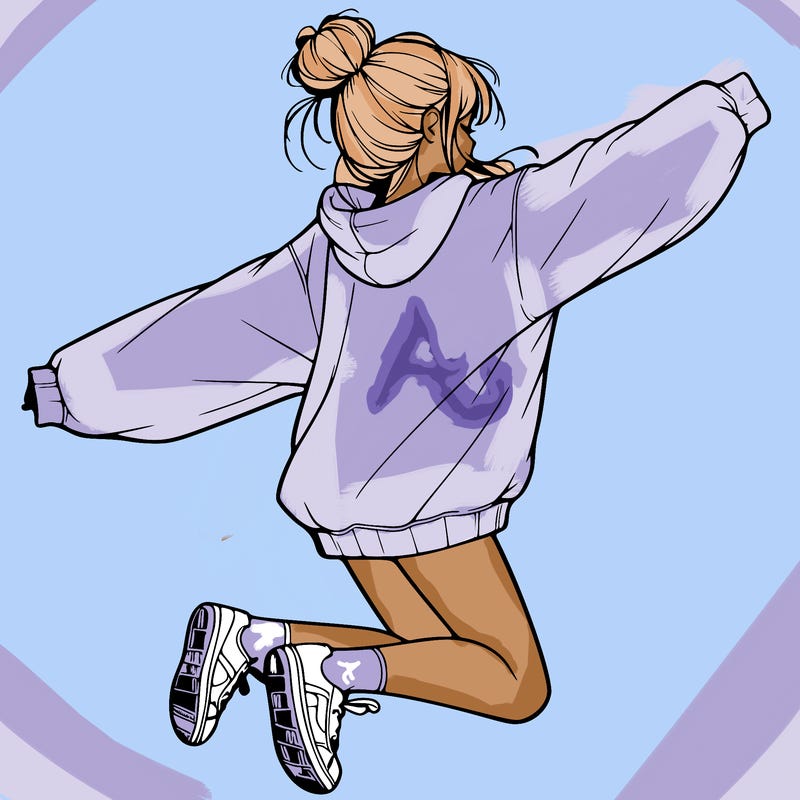 realistic girl jumping with a bun and oversized sweatshirt