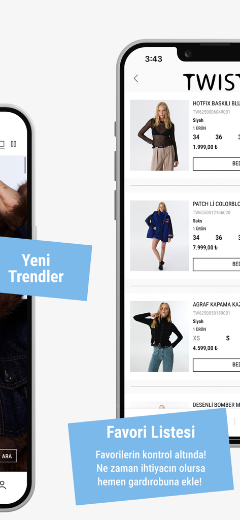 Twist - Twist mobile app screens displaying fashion products and the favorites list feature