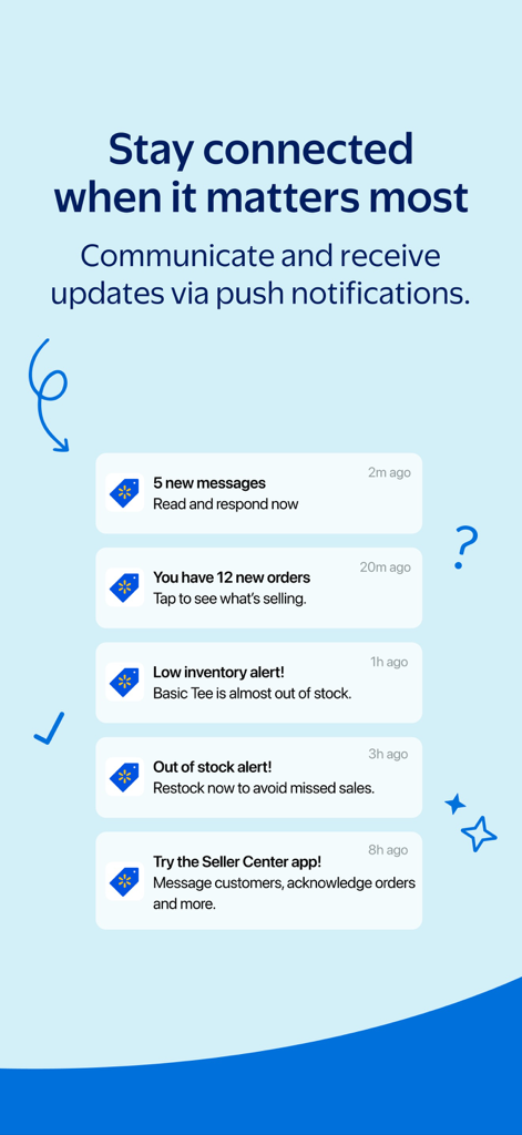 Interface of Walmart Seller app showing push notification alerts for messages, new orders, and inventory status.