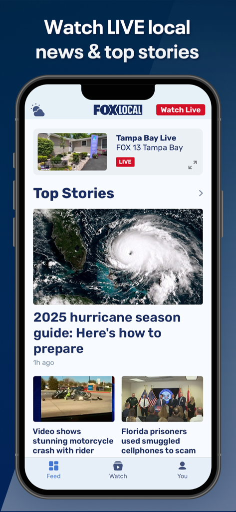 FOX LOCAL: Live News & Weather - Mobile phone screen showing FOX LOCAL app with live news from Tampa Bay and top local stories