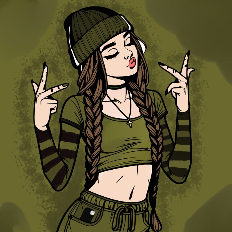 realistic teenage girl with braids and a beanie and crop top doing 🫶🏼
