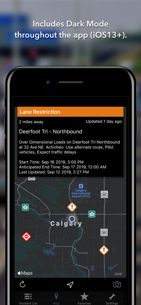 Alberta Roads app interface in dark mode displaying a traffic incident map of Calgary