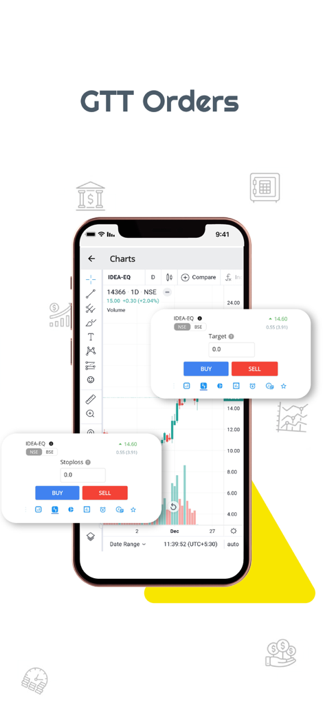 Interface de l'application FLATTRADE montrant les ordres GTT et les graphiques d'analyse technique des actions