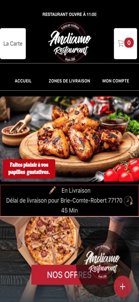 Écran d'accueil de l'application mobile Andiamo Restaurant affichant des photos de plats et des informations sur le délai de livraison